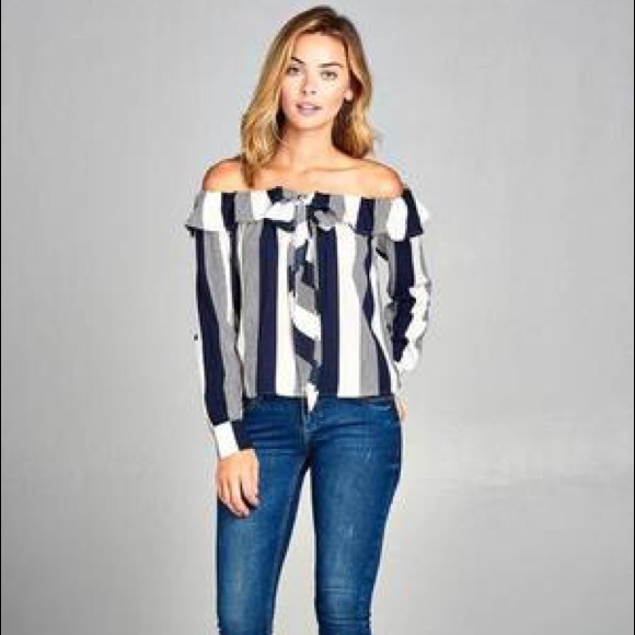Off The Shoulder Flounce Ribbon Tie Stripe Top - Picture 2 of 3